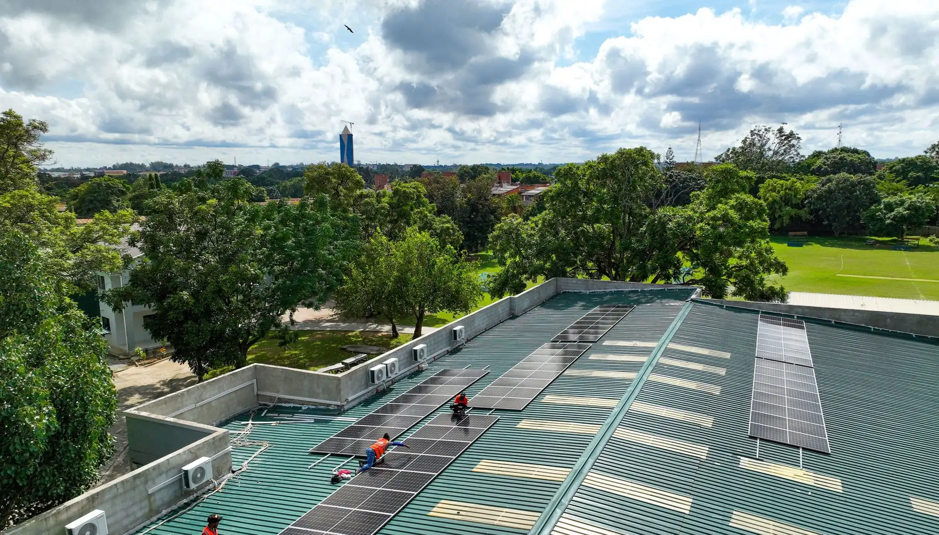 Drone view of the solar array going in on the Italian School of Lusaka roof
