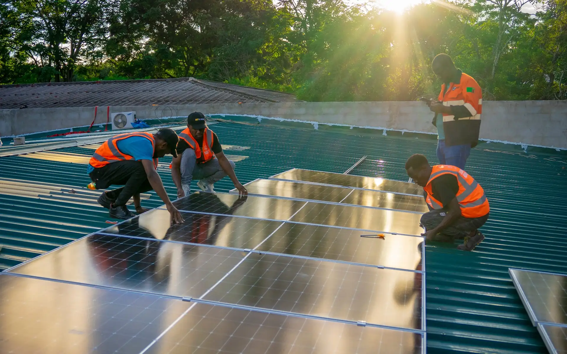 EcoHive installers fixing solar panels on a rooftop in warm evening light