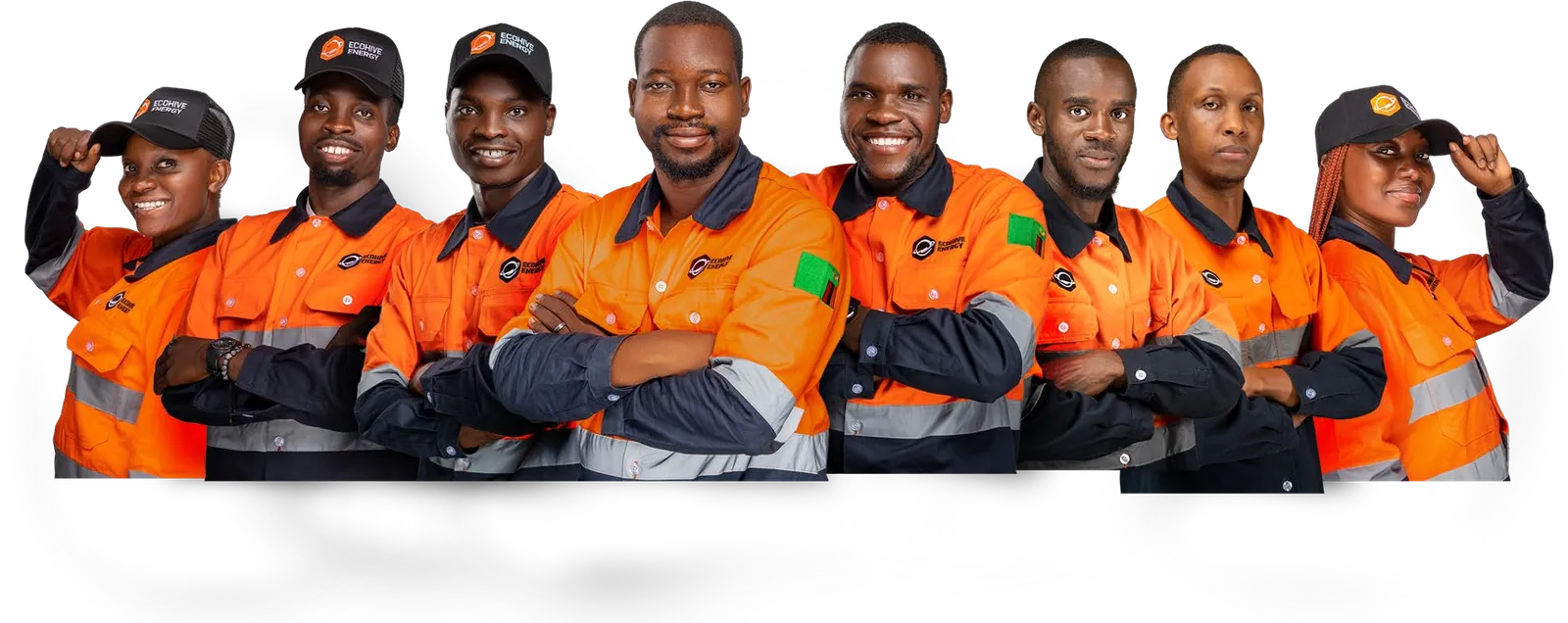 The EcoHive team in matching orange uniforms and caps