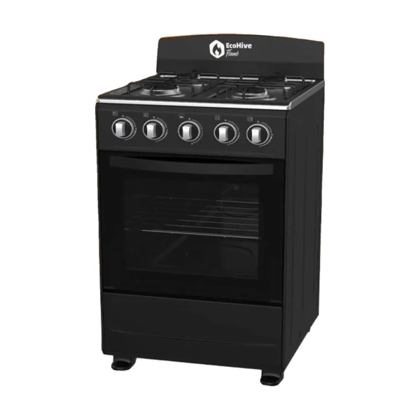 Black EcoHive Flame gas cooker with four burners on top and a gas oven below