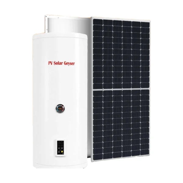 White 120-litre PV solar geyser beside a solar panel