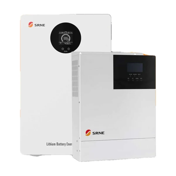 SRNE 5kVA hybrid inverter beside an SRNE 5.1kWh lithium battery