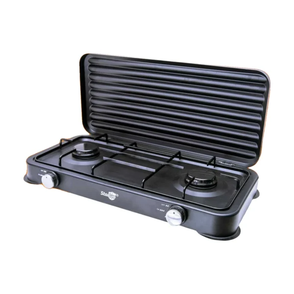 Black Starlux tabletop gas cooker with two burners and a lift-up lid