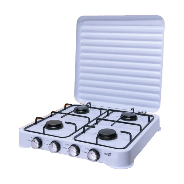 White Starlux tabletop gas cooker with four burners and a lift-up lid