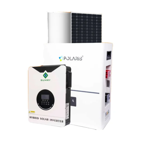 Sumry 3.2kVA hybrid solar inverter in front of a Polaris lithium battery